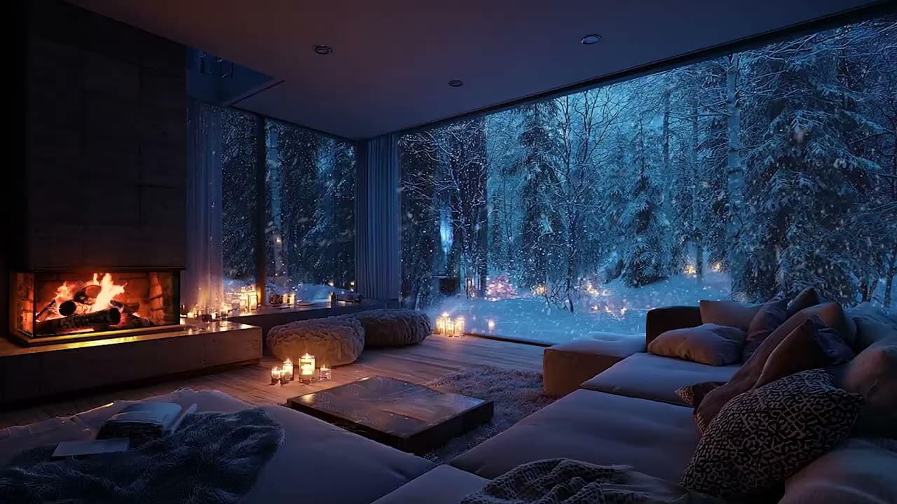 Cold Snow Wind Outside the Cabin | Warm Fireplace Crackling Sounds for Deep Sleep and Calm Nights