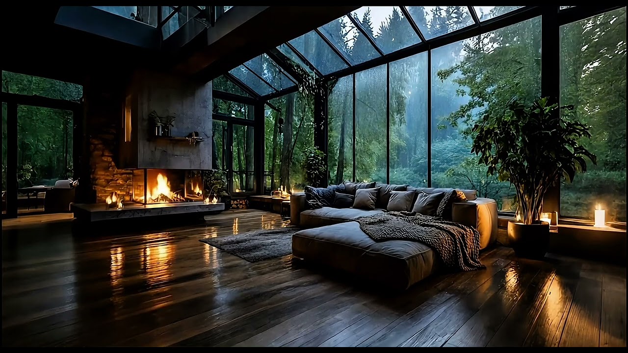 Rainy Night in a Cozy Forest Cabin | Fireplace & Soft Piano Ambience (3 Hours)