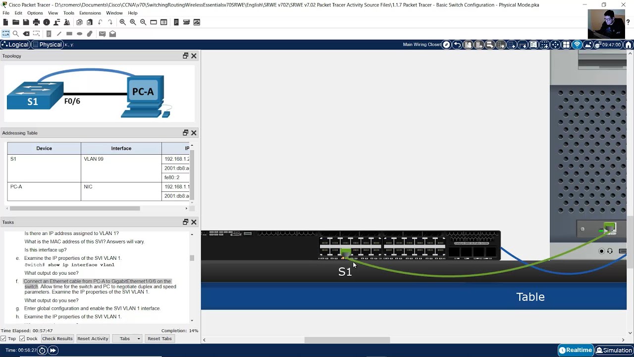1.1.7 Packet Tracer — Базовая конфигурация коммутатора — Физический режим