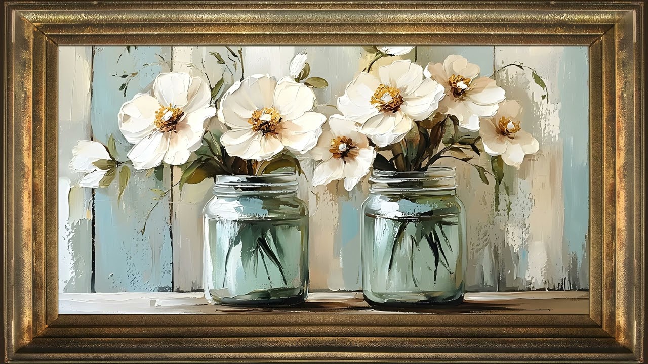 White Poppies in Glass Jars, Rustic Vintage Oil Painting | Gold Framed TV Art Screensaver