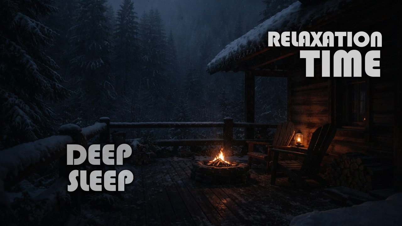 Cozy Wooden Cabin Terrace with Fireplace in the Snowy Forest Night | Relaxing Winter Ambience