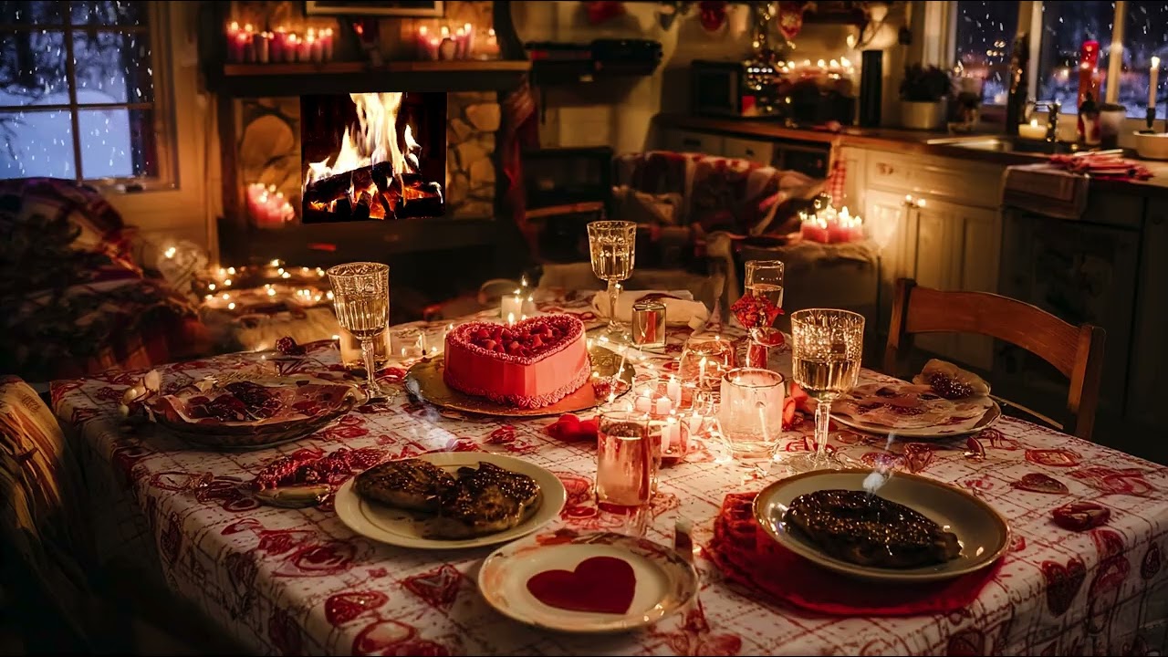 Romantic Valentine Kitchen Ambience ❤️ Warm Fireplace & Candlelight ASMR