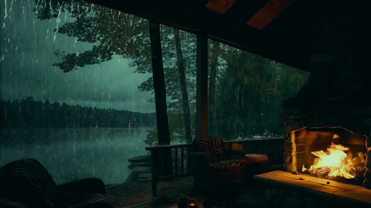 Outdoor Fire Crackling & Rain Sounds 🌧️ Cozy Dark Cabin Ambience for Sleep