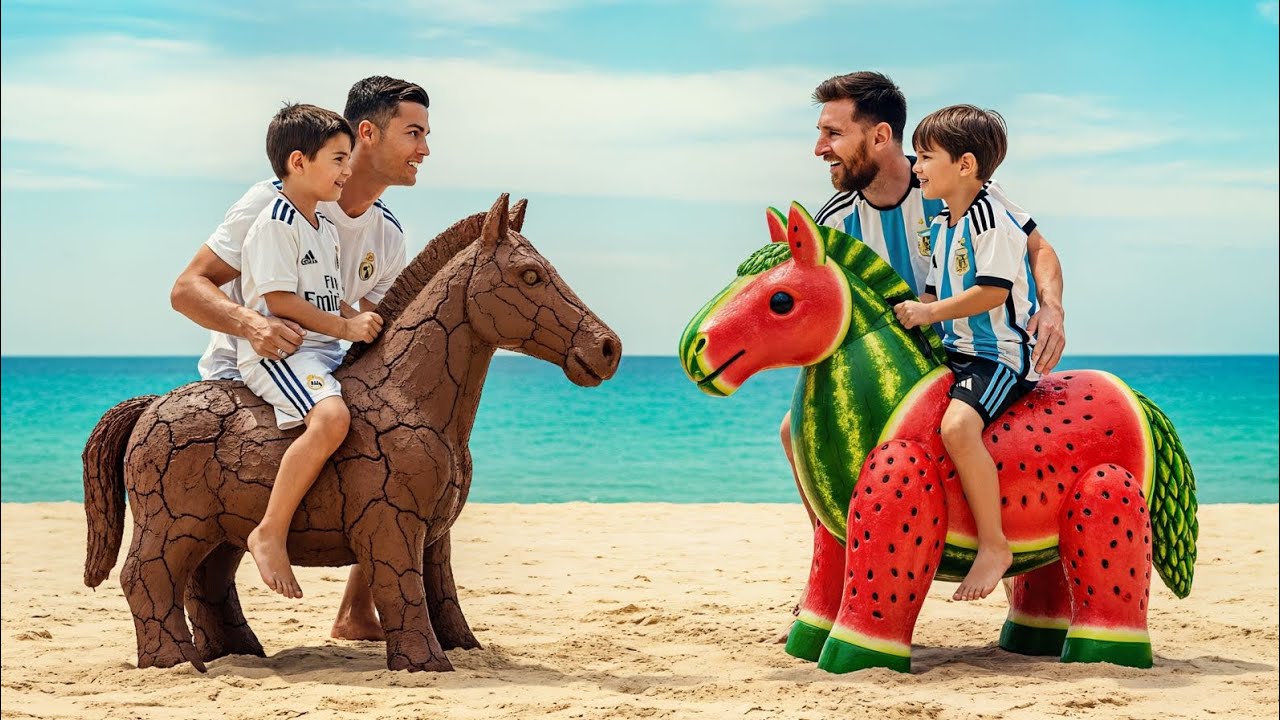 Sand horse Ronaldo and water melon horse messi😅