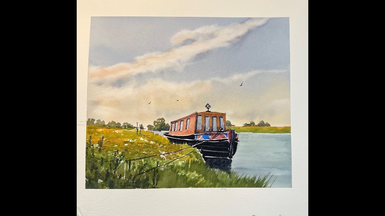 Watercolour red sky over canal boat.