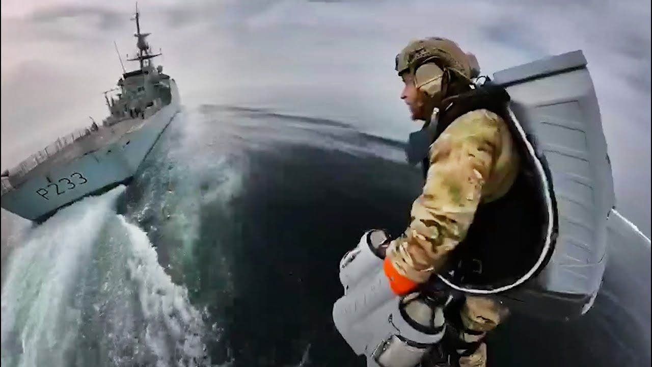 HMS Tamar and Take on Gravity jet Suit boarding trial