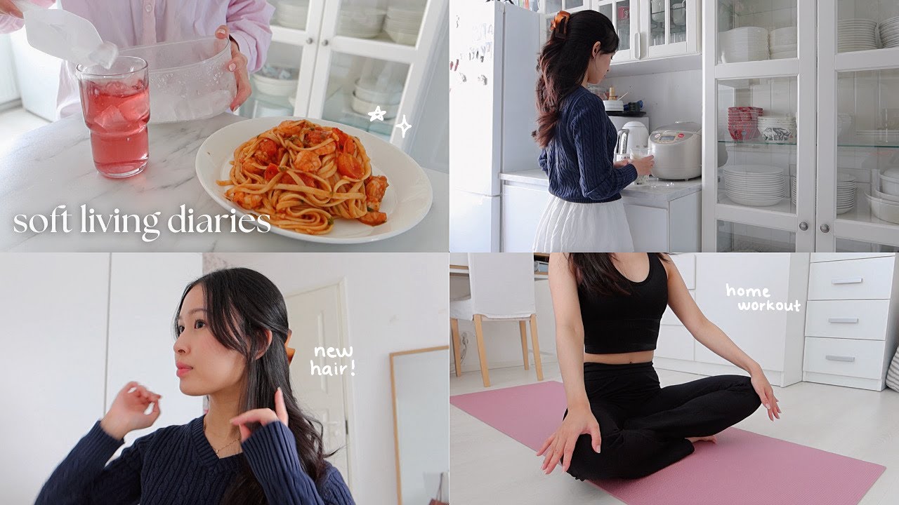 Summer reset 🍓 getting curtain bangs, home pilates, skin care routine ✨ cooking work lunch