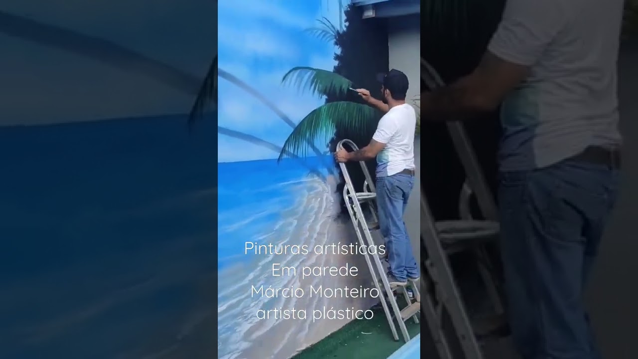 Pintura Paisagem praia em muro piscina acr&iacute;lico M&aacute;rcio Monteiro artista pl&aacute;stico