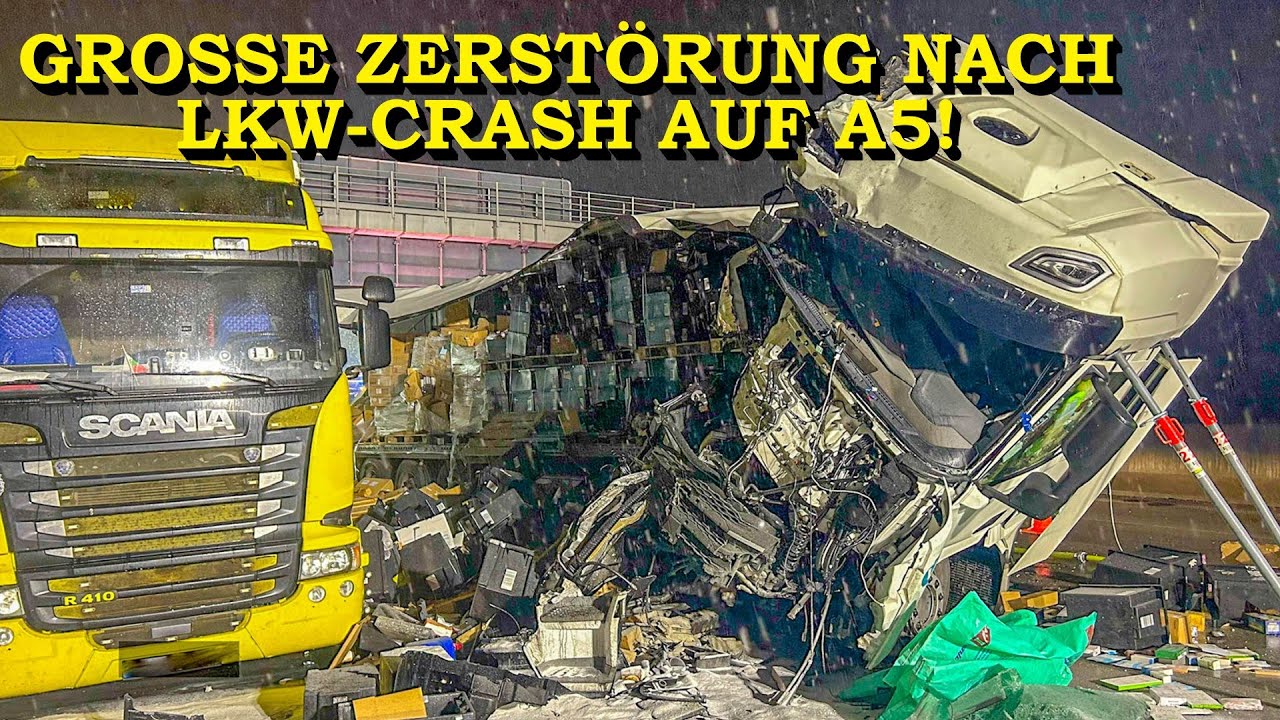 +++ MASSIVES TRÜMMERFELD NACH LKW-CRASH AUF A5 +++ 40-TONNER KRACHT IN UNFALLSTELLE | 5 VERLETZTE