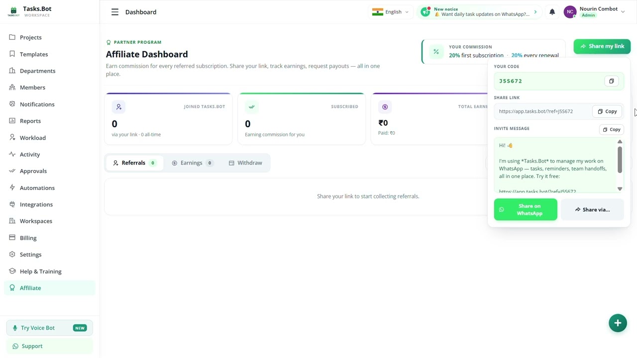 Earn Referral Income with Tasks.Bot | Affiliate Program Tutorial