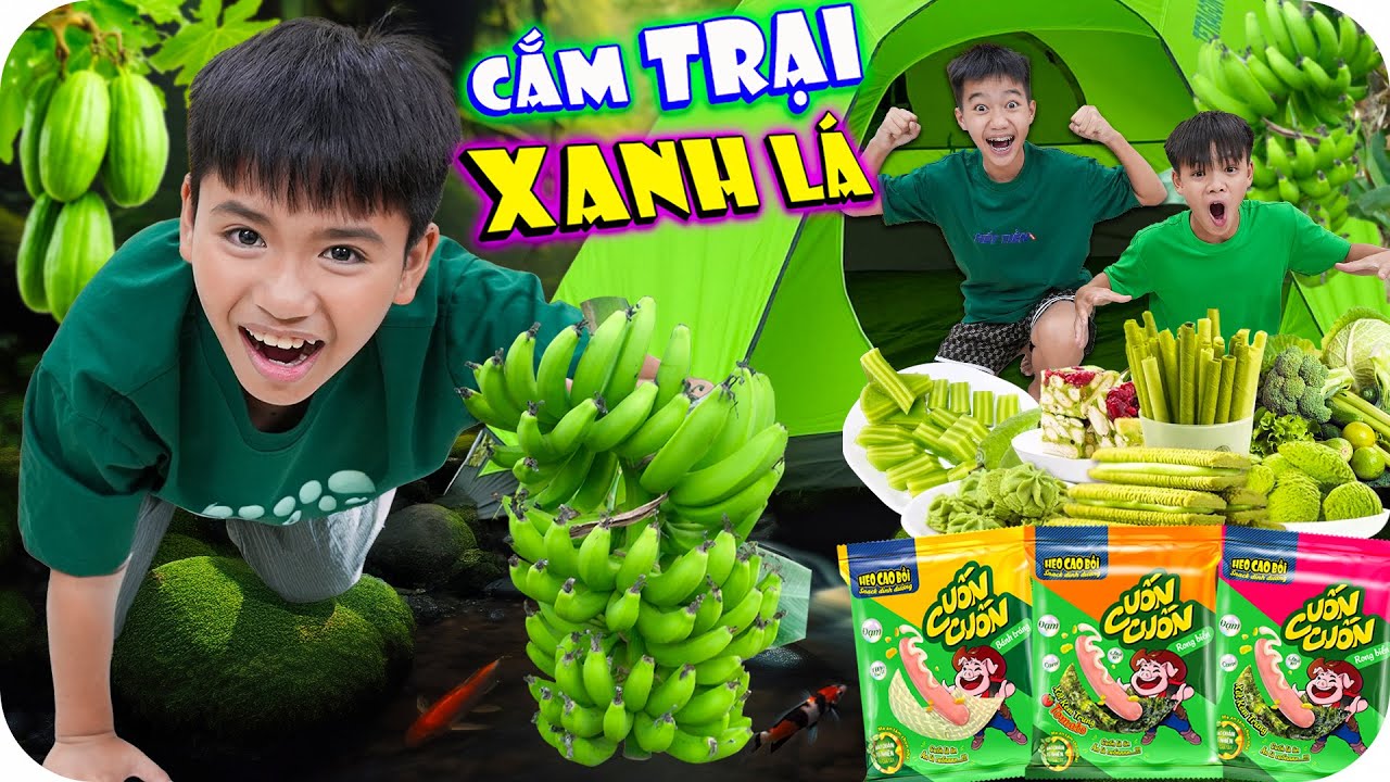 Dựng Lều Cắm Trại Và Ăn Tất Cả Đồ Ăn Màu Xanh Lá | Min Min TV Minh Khoa