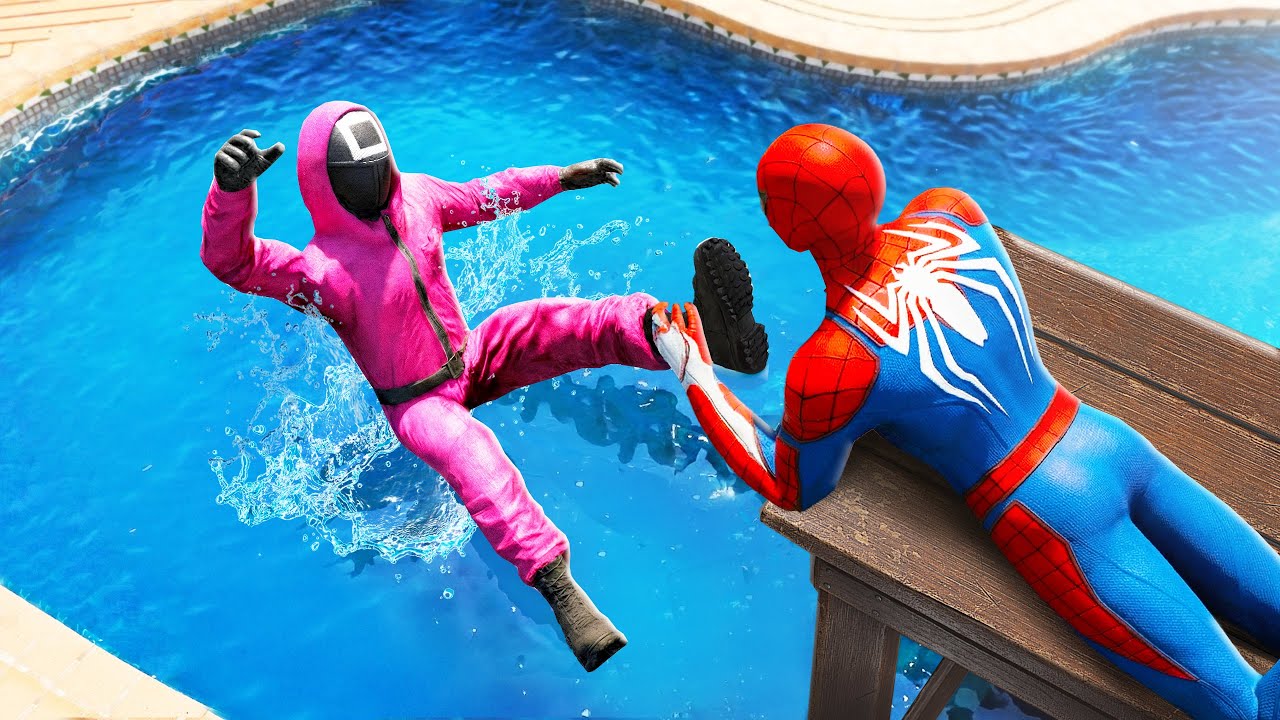 GTA 5 Squid Game Guard VS Spiderman Crazy Jumping Ragdolls and Water Fails! (Epic) #12