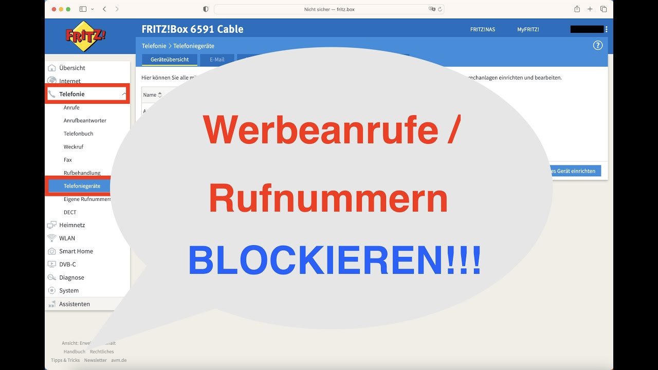 FritzBox Rufnummern Werbeanrufe Anrufe Nummern blockieren und sperren / Klingelsperre Fritz!Box
