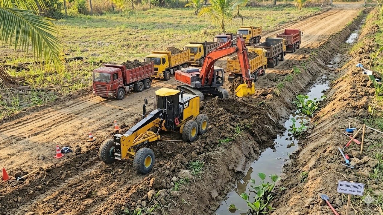 (Ep34)​Construction of a river crossing road with a Motor Grader Cat 14M Excavator Hitachi 