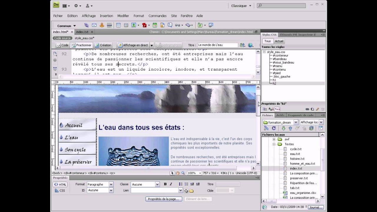Formation Dreamweaver -21- création de la page d'index ou page d'accueil