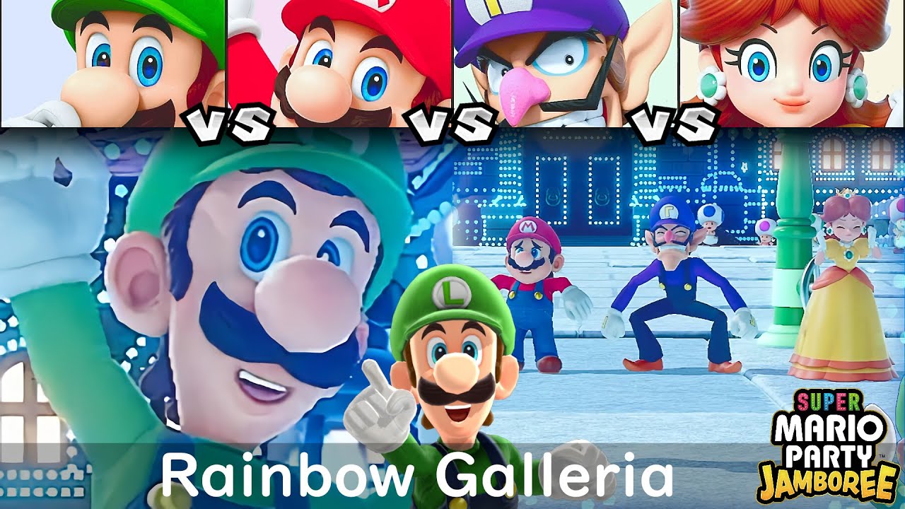 Super Mario Party Jamboree Луиджи против Марио против Валуиджи против Дэйзи в Rainbow Galleria