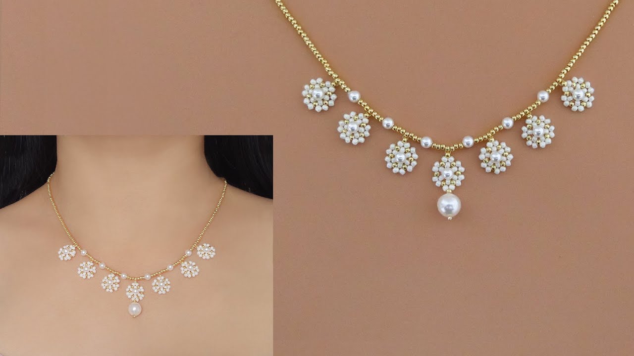 DIY Beaded Flower Necklace with Pearls and Seed Beads. How to Make Beaded Jewelry. Beading Tutorial