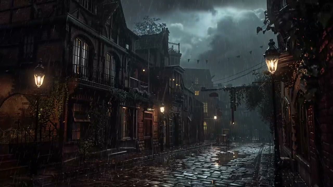 Gothic Victorian Street Ambience | Thunderstorm Sounds on Empty Wet Cobblestones