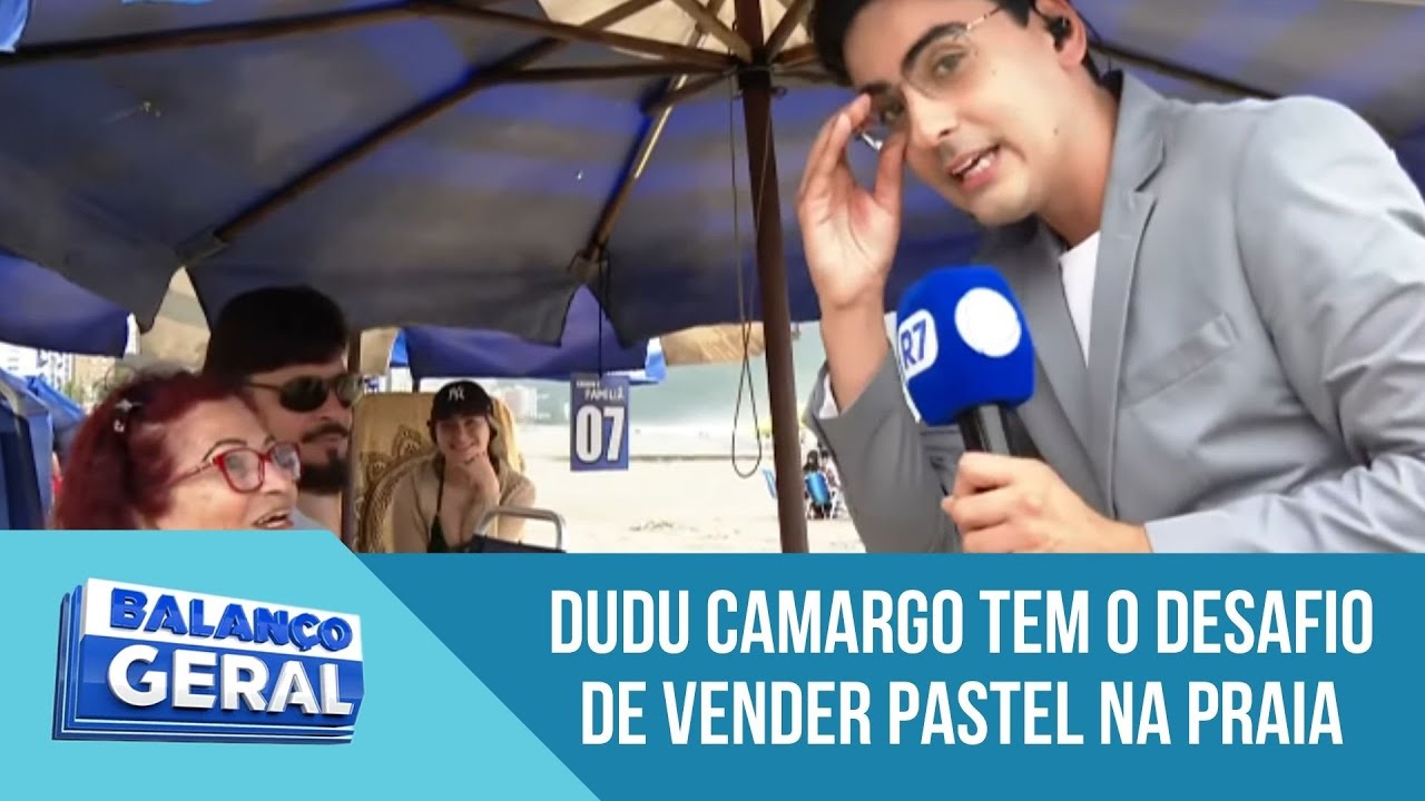 Dudu Camargo estreia como rep&oacute;rter do Balan&ccedil;o Geral e interage com banhistas em Praia Grande  (SP)