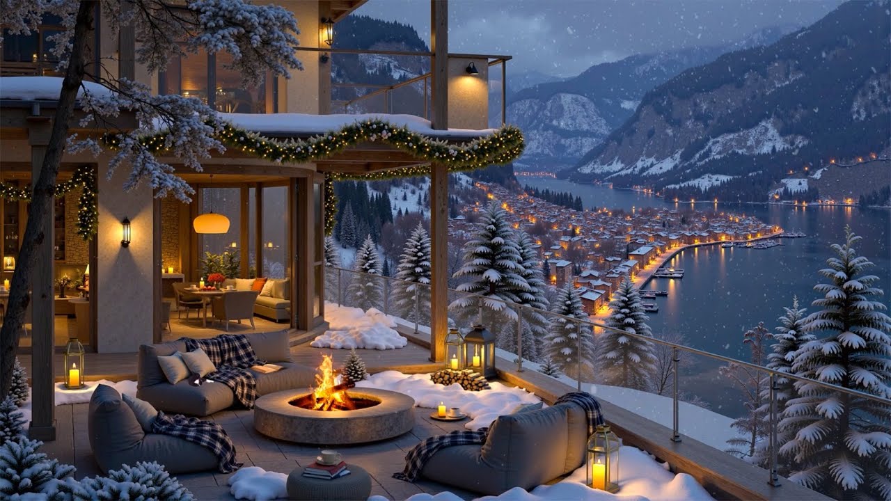 Cozy Fireplace Jazz at a Snowy Riverside Café Terrace ❄️ Smooth Winter Jazz for Stress Relief & Calm