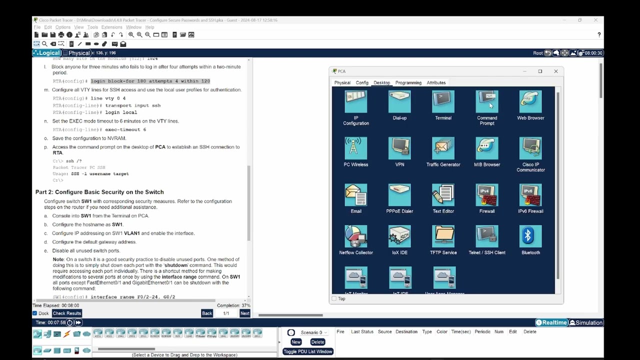 4.4.8 - Packet Tracer - Configure Secure Passwords and SSH -  High Res Full