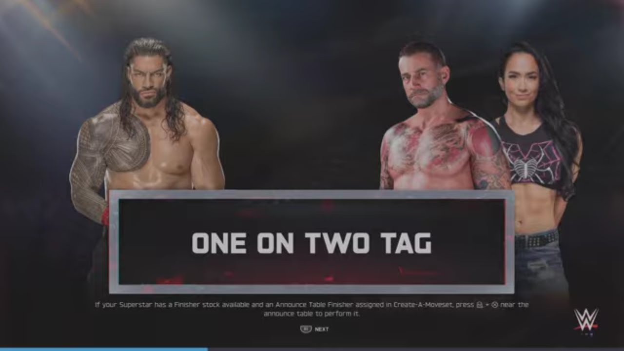 WWE 2K25 Roman Reigns VS CM Punk, AJ Lee 1 VS 2 Handicap Tag Elm. Match