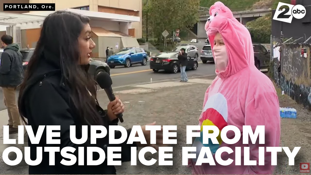 Live look outside the Portland ICE facility as a small group of protesters gather Friday afternoon