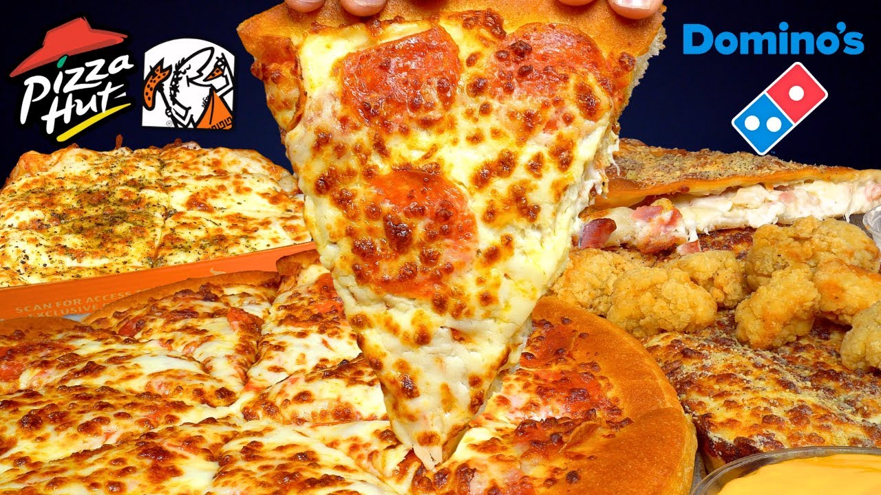 ASMR MUKBANG DOMINO’S EXTRA CHEESE PIZZA HUT CAESARS CHEESY BREAD & CHICKEN | WITH CHEESE + RANCH