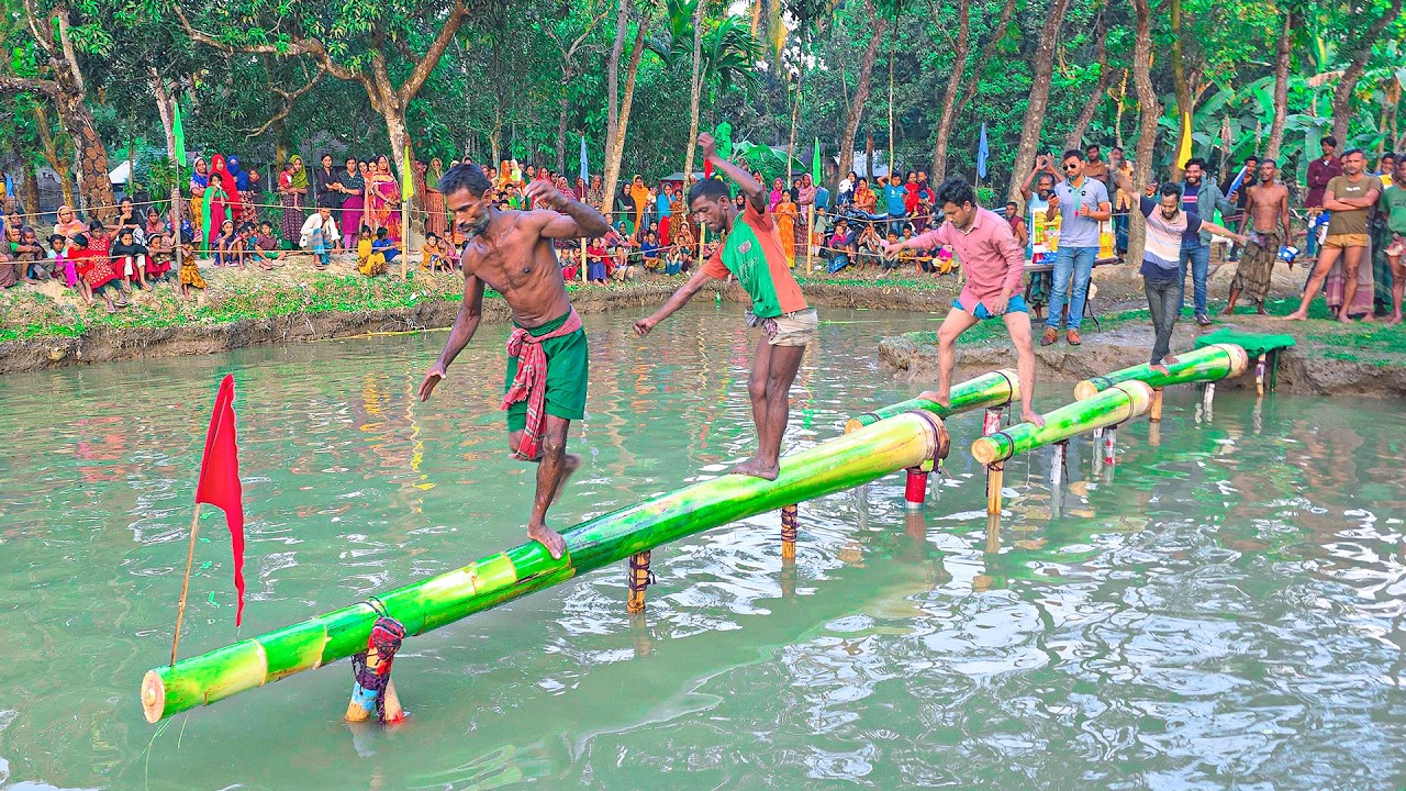 🍌 Hilarious Banana Tree Log Challenge! 😂 Who Will Fall First? | Village Water Game #Mrbeast #comedy