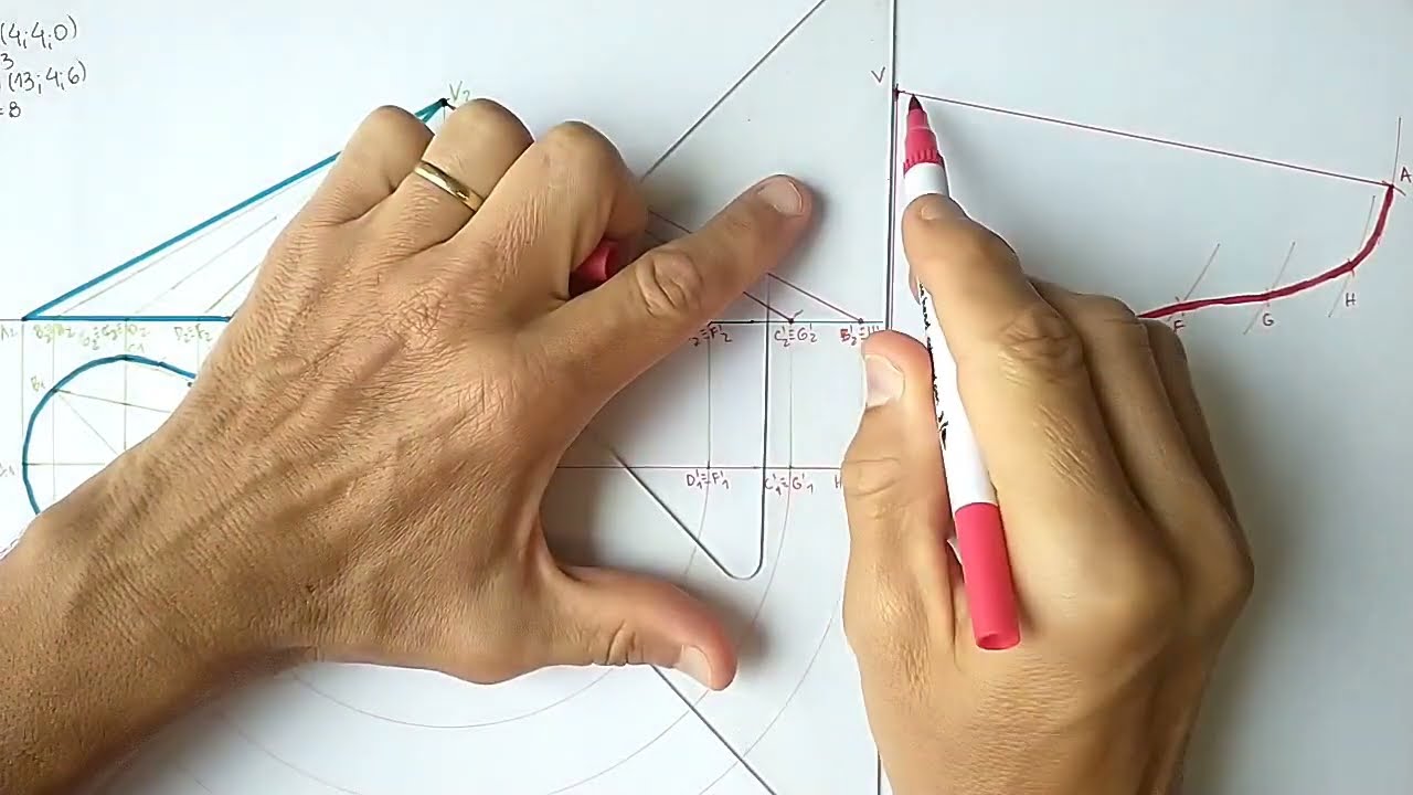 Épura e desenvolvimento de superfície de cone oblíquo de base circular seccionado por plano de topo