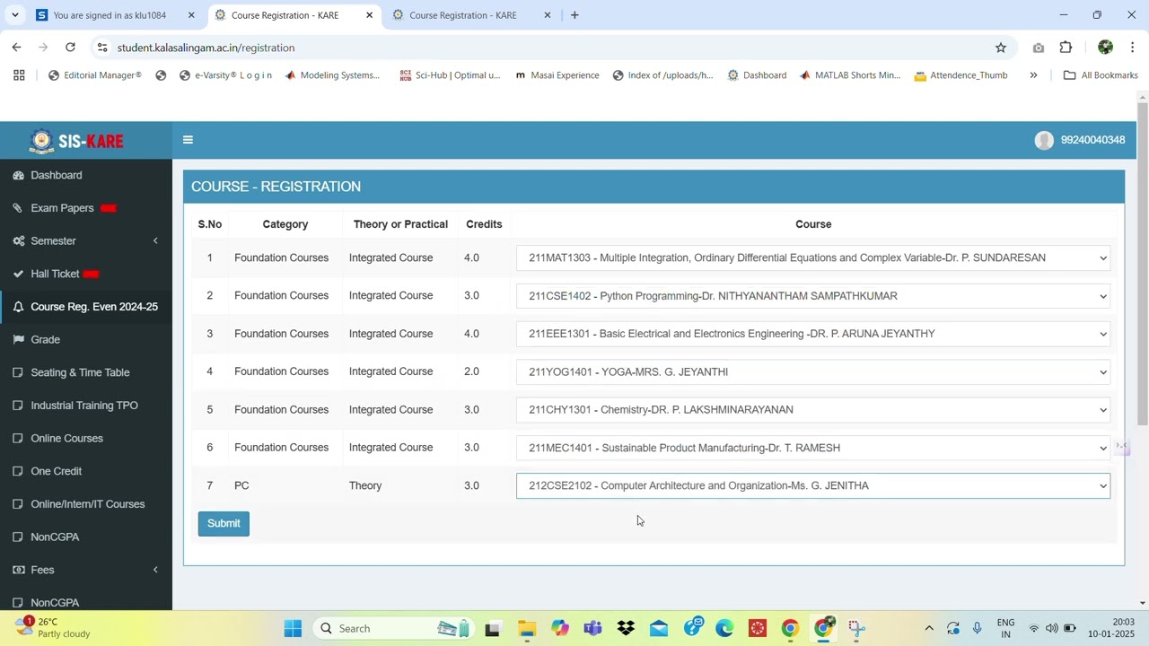 First Year EVEN SEM 2024-25 KARE- Course Registration