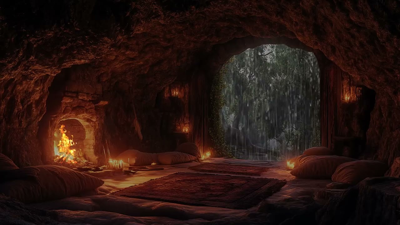 Forest Cave Ambience with Rainfall and Fireplace Sounds for Calm and Mindfulness