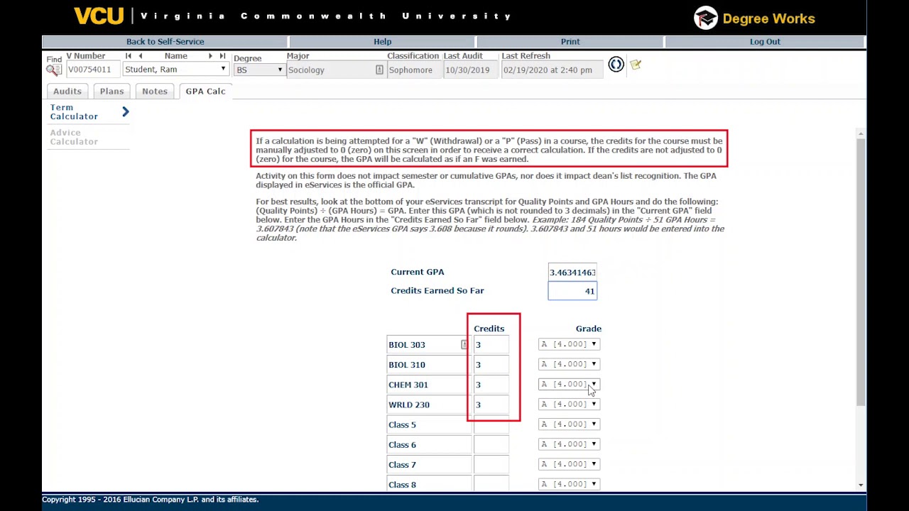 VCU: Using the GPA Calculator in Degree Works