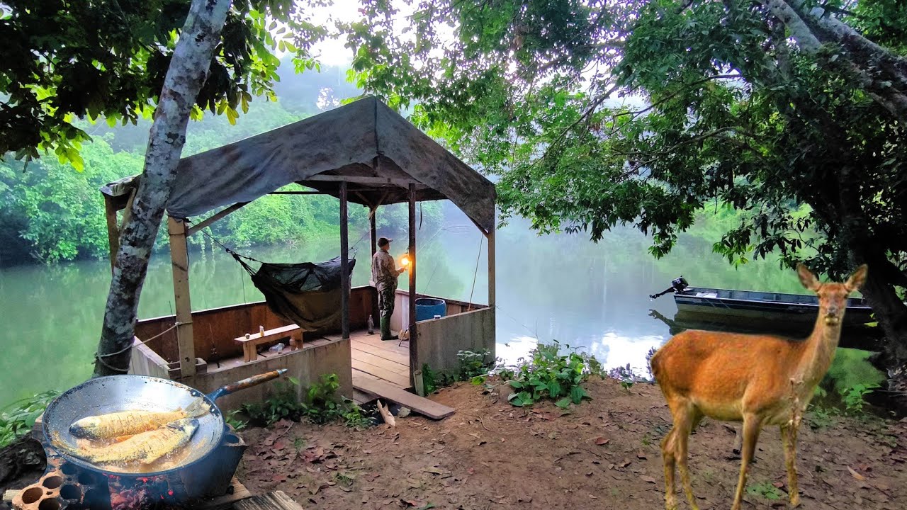 DORMINDO em um FLUTUANTE no RIO: PESCARIA Noturna PEIXE e Encontro com ANIMAIS da Selva