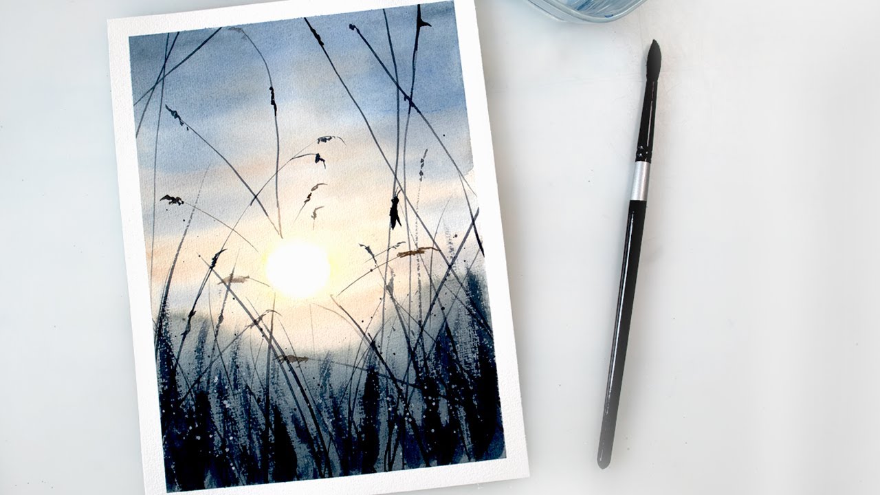 Watercolor LANDSCAPE - sunset and wattle silhouette step by step tutorial