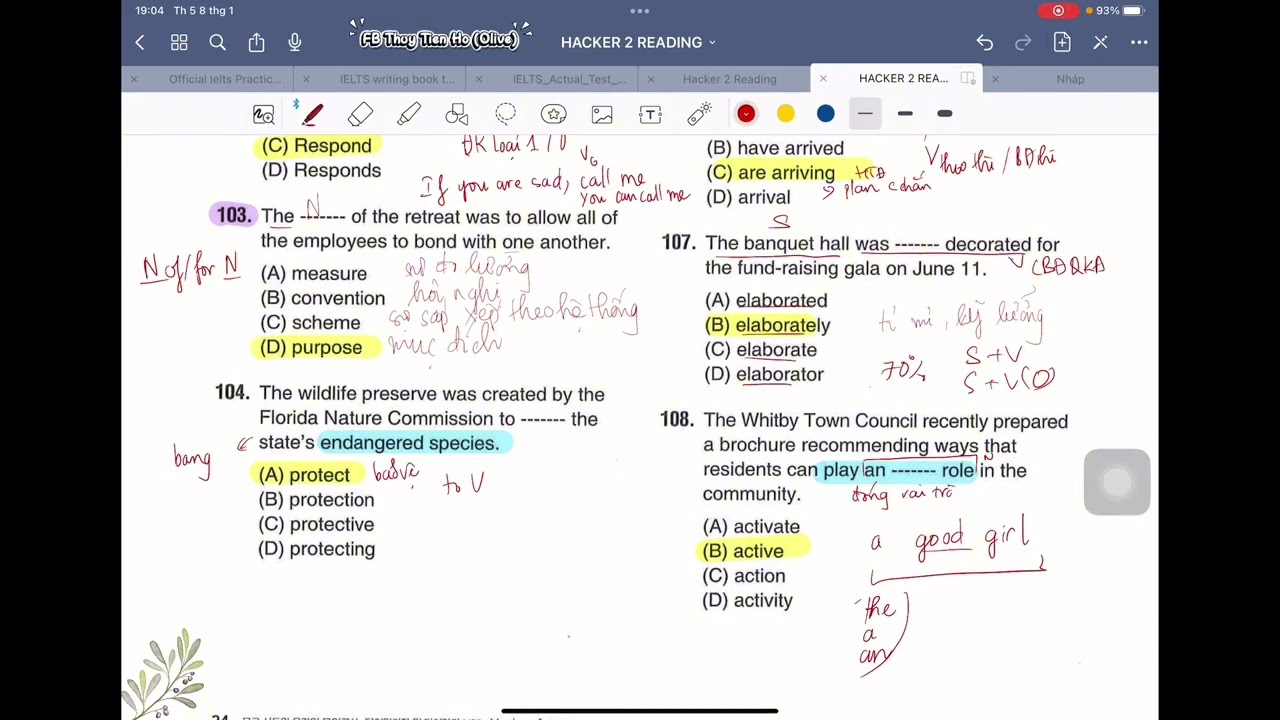 Giải chi tiết Part 5 - Test 1 x Hacker 2 RC TOEIC