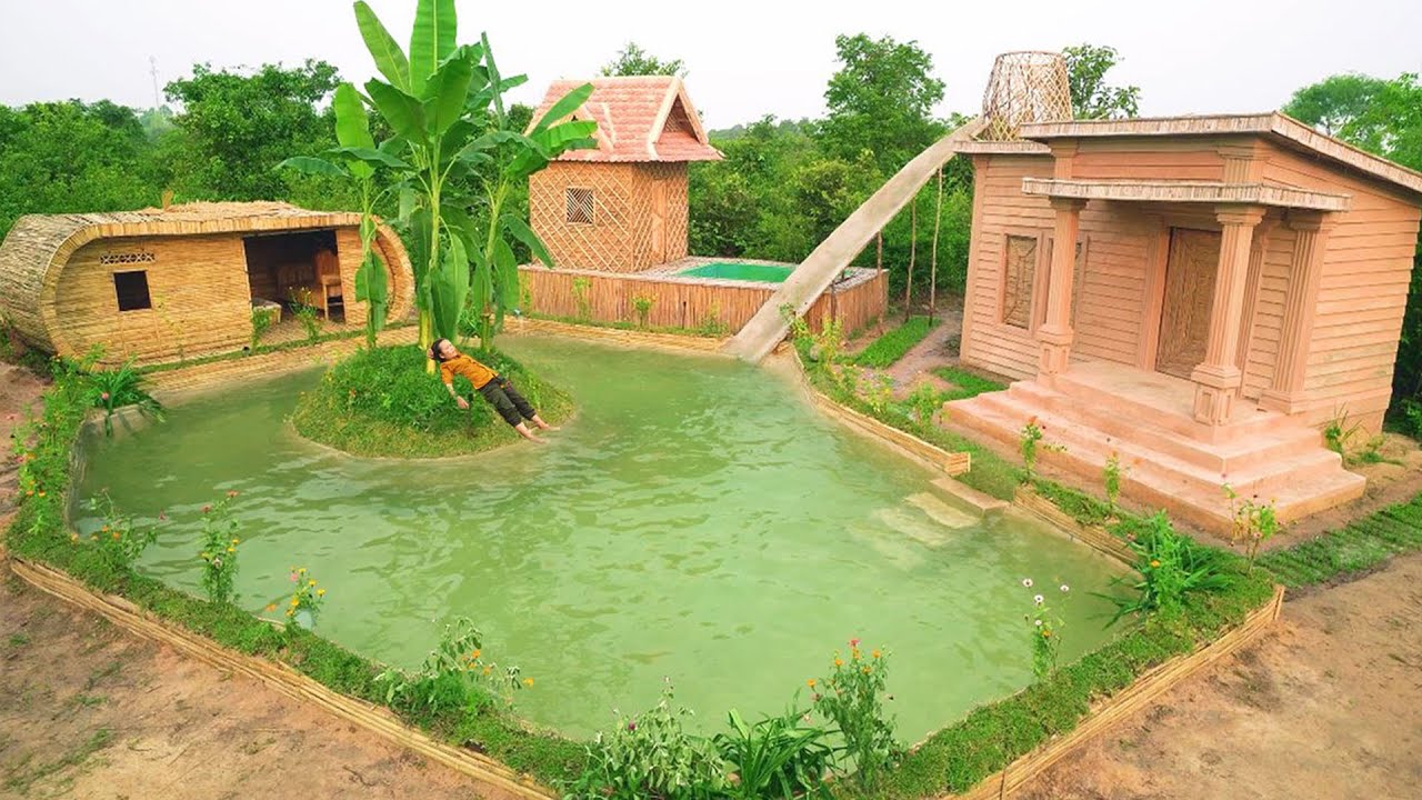 Survival Girl Building A Beautiful Village House Pools for Billionaire Relaxing Spend 365 Days 1M$