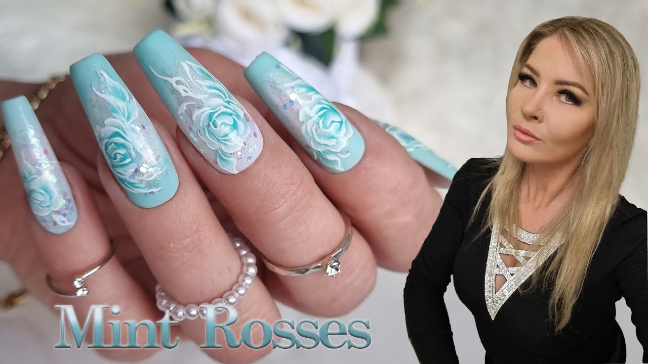 Rose nail art with glitter encapsulation. Step by step tutorial how to paint rose nail art.