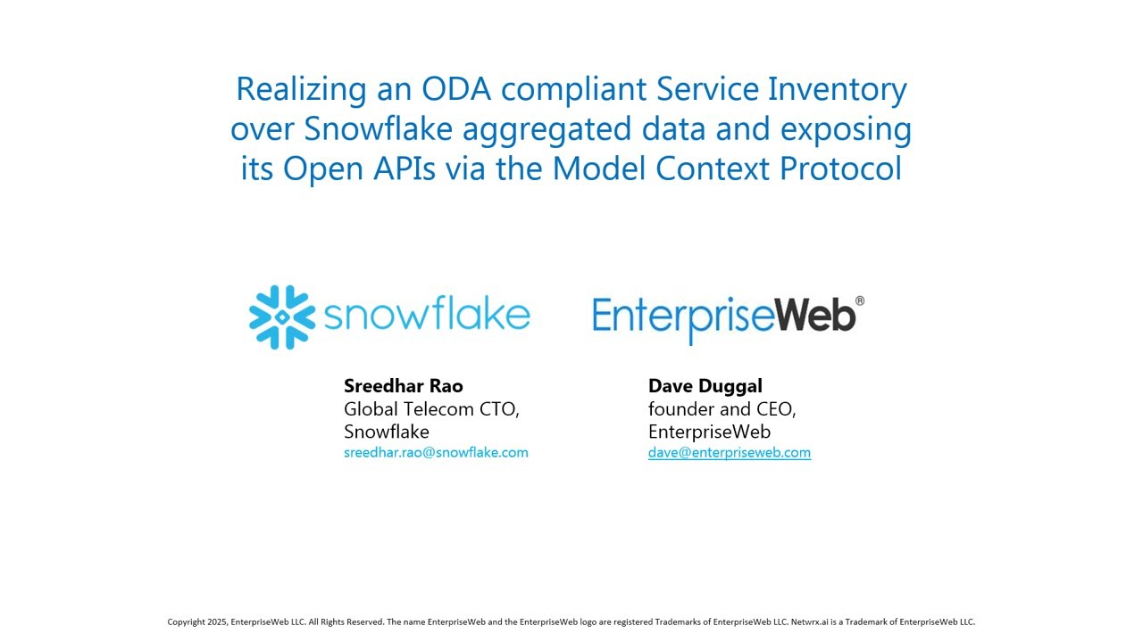 EnterpriseWeb demo: TMF ODA Service Inventory over Snowflake exposing Open APIs to Agents via MCP