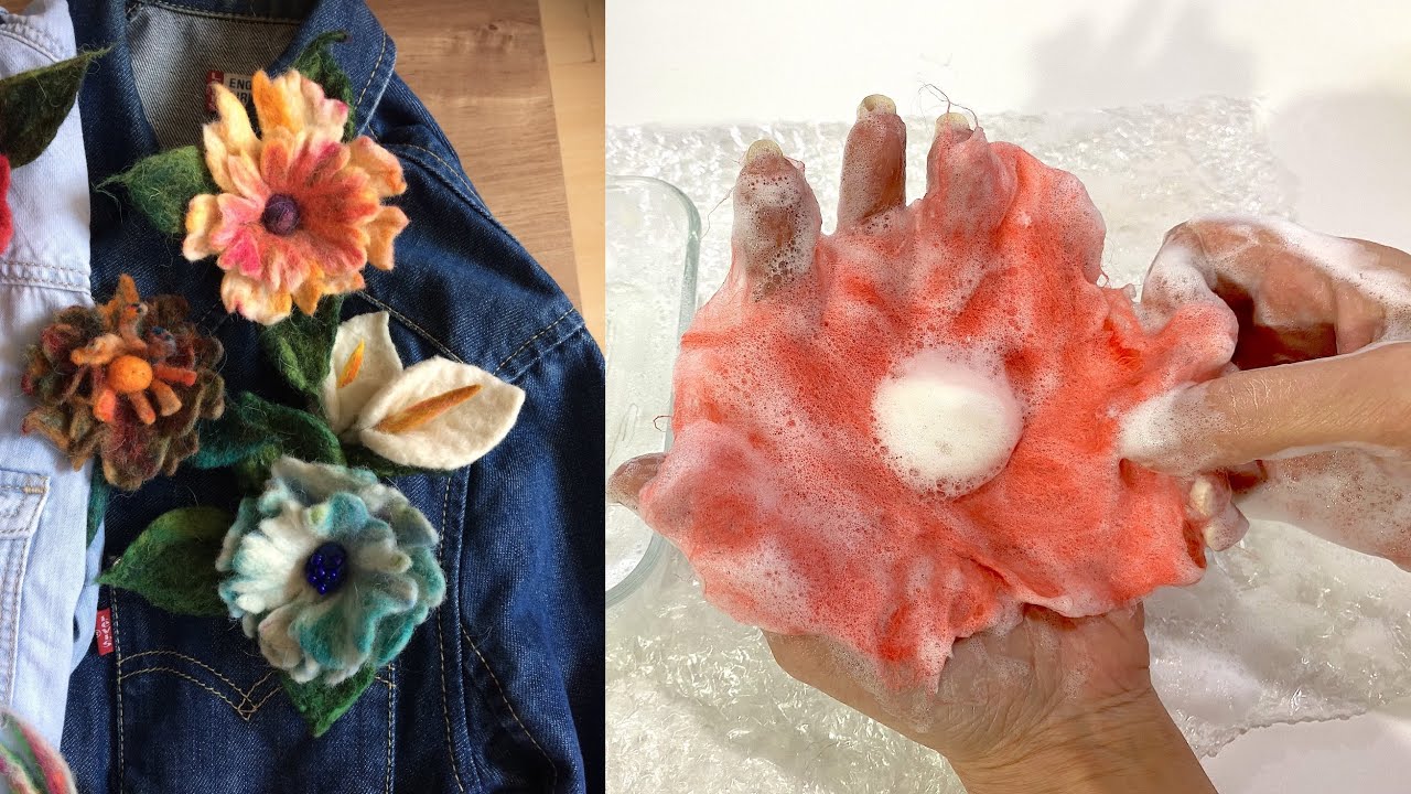 Lindas flores com bolhas de sabão e lã / DIY flores de feltro molhadas fáceis