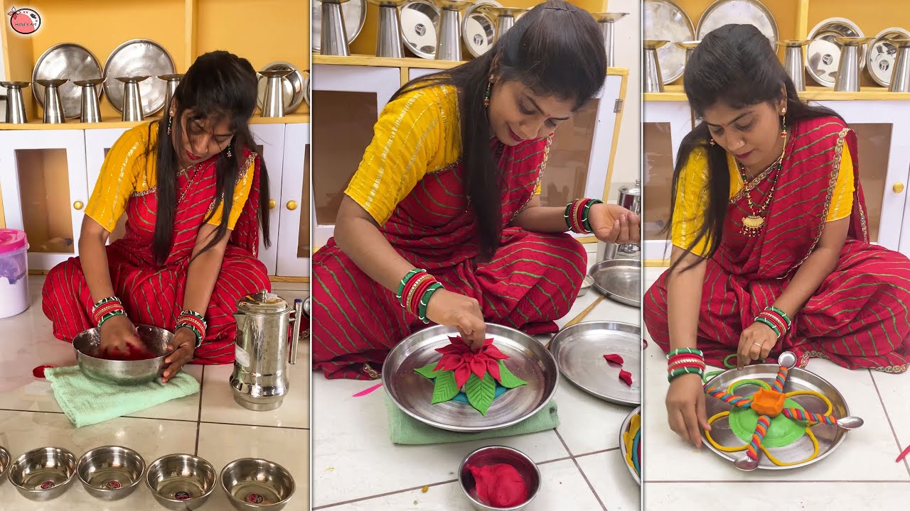 Decorate the aarti plate with flour - pooja thali decoration ideas #diy #decor #thali #poojathali