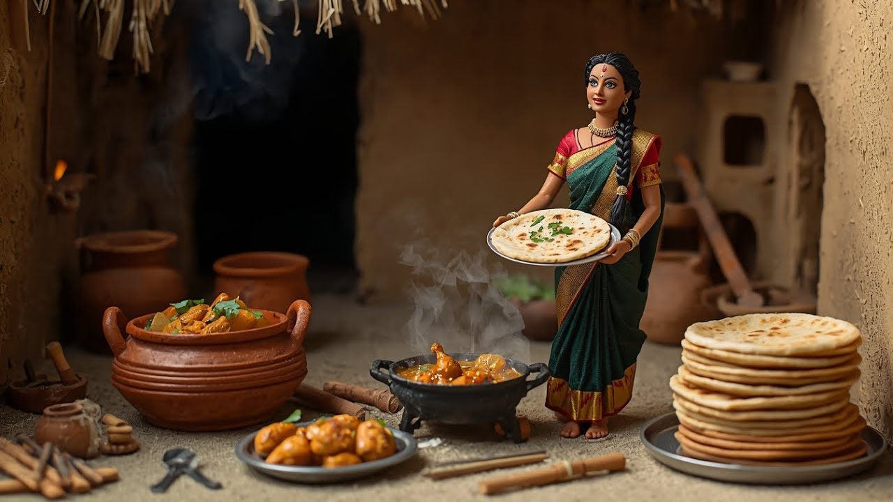Miniature Doll Chicken Curry & Roti Cooking ASMR | Tiny Village Kitchen Real Indian Food