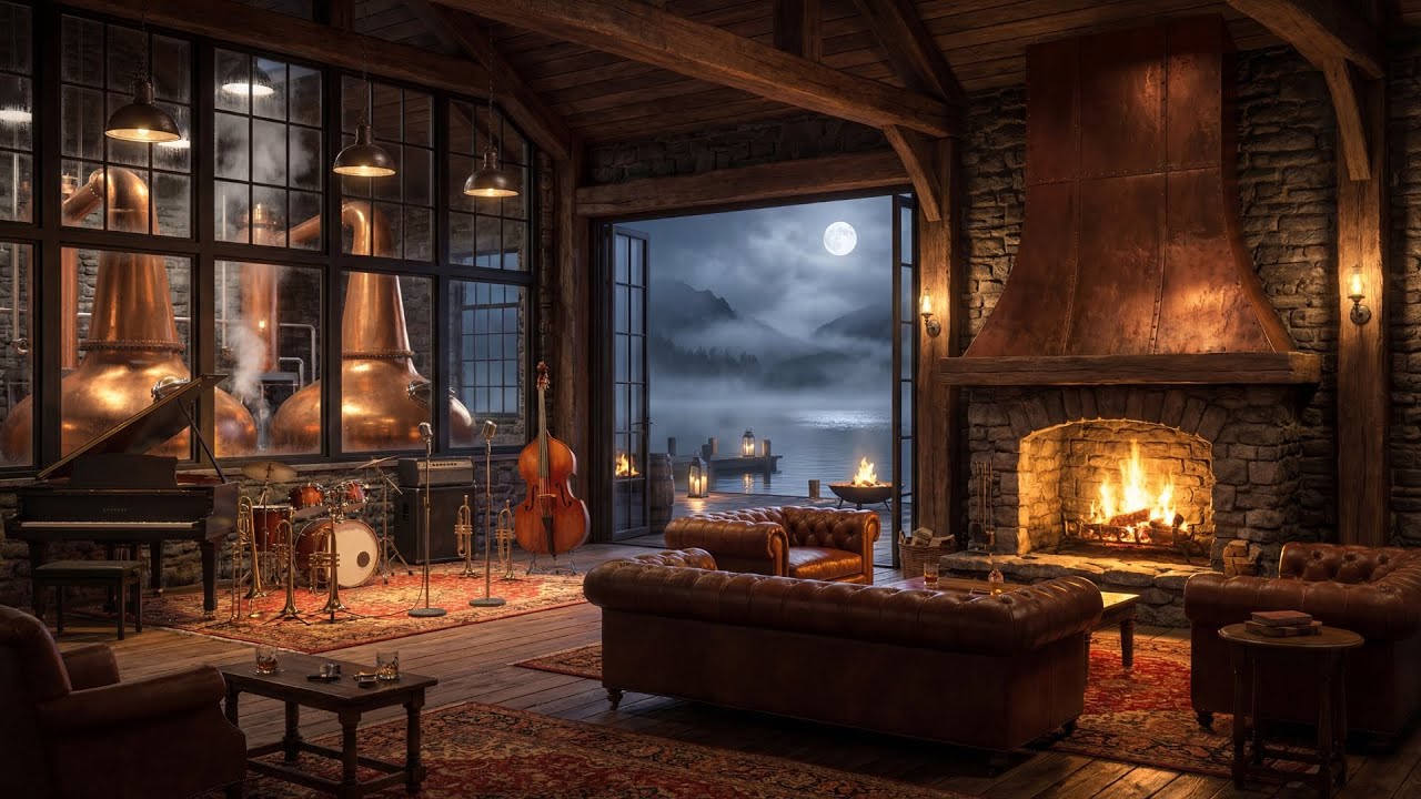Moonlit Distillery Sanctuary 🥃 Jazz Band & Fireplace for Deep Focus & Relaxation | 1 Hour [4K]