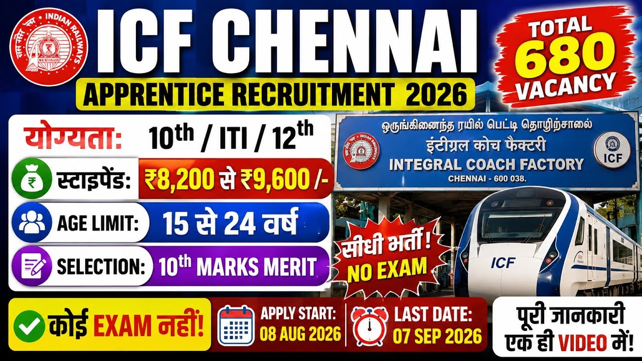 ICF Chennai Apprentice Recruitment 2026 | 680 Vacancy | ITI Freshers Apply | ₹9600 Stipend | No Exam