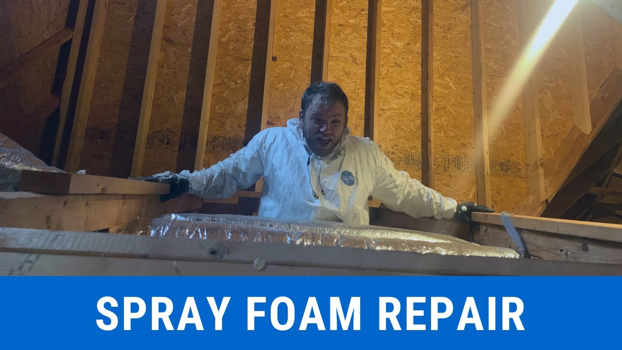 Chris repairing old spray foam installed on the floor of the attic!!!