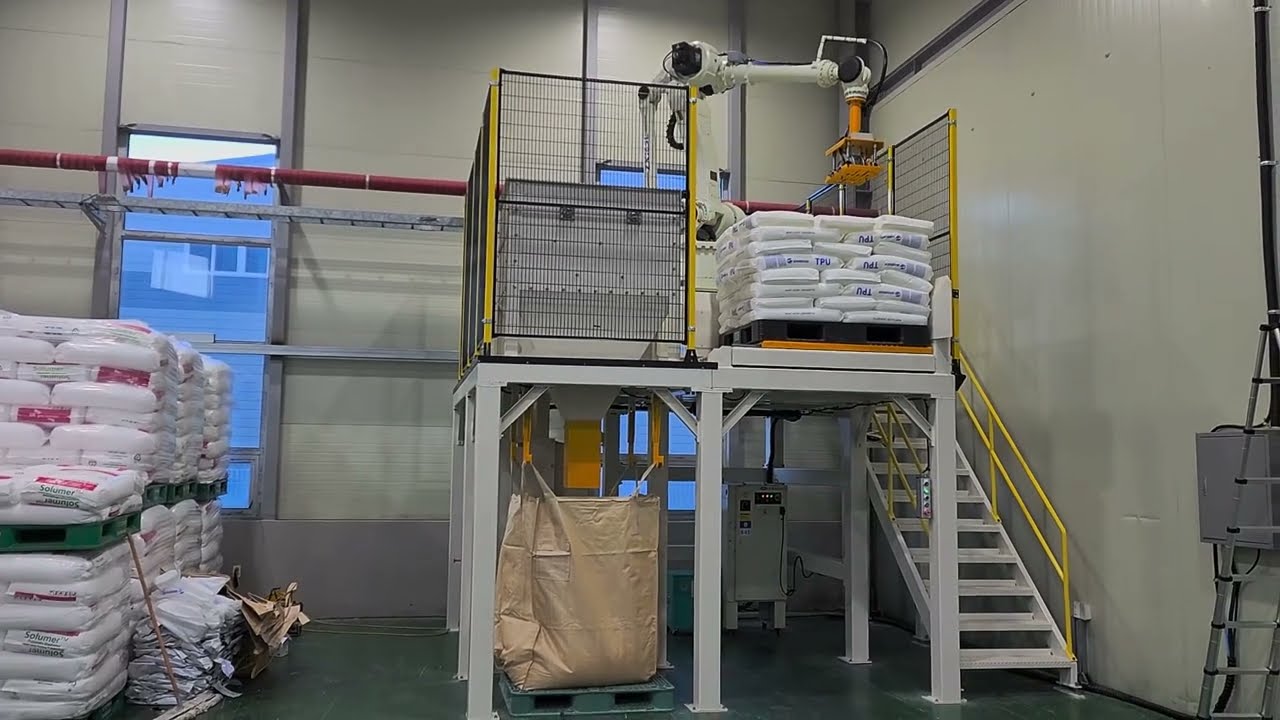 원료포대개포시스템,포대자동개포시스템,개대기,robot bag unpacking machine, robot depalletizer and bag opening cell