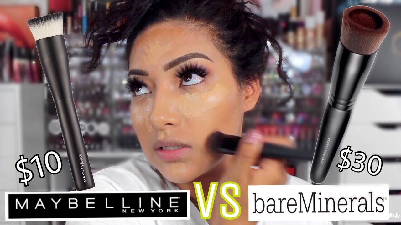 MAYBELLINE $10 VS BAREMINERALS $30 FOUNDATION BRUSH! WHICH ONE WORKED BEST?! DRUGSTORE VS HIGHEND