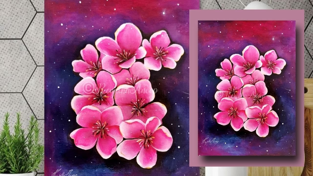 Daily challenge CHERRY BLOSSOM galaxy acrylic painting on Canvas for beginners | vibrant sky effect