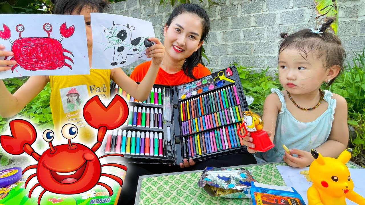 Changcady và cam cam so tài tô màu các con vật : Con cua , con bò sữa , con cá