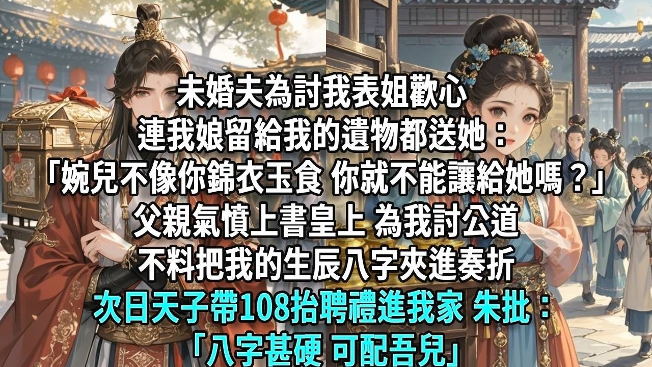 未婚夫為討我表姐歡心，連我娘留給我的遺物都送她：「婉兒不像你錦衣玉食，你就不能讓給她嗎？」父親氣憤上書皇上為我討公道，不料把我的生辰八字夾進奏折，次日天子帶108抬聘禮，朱批：「八字甚硬，可配吾